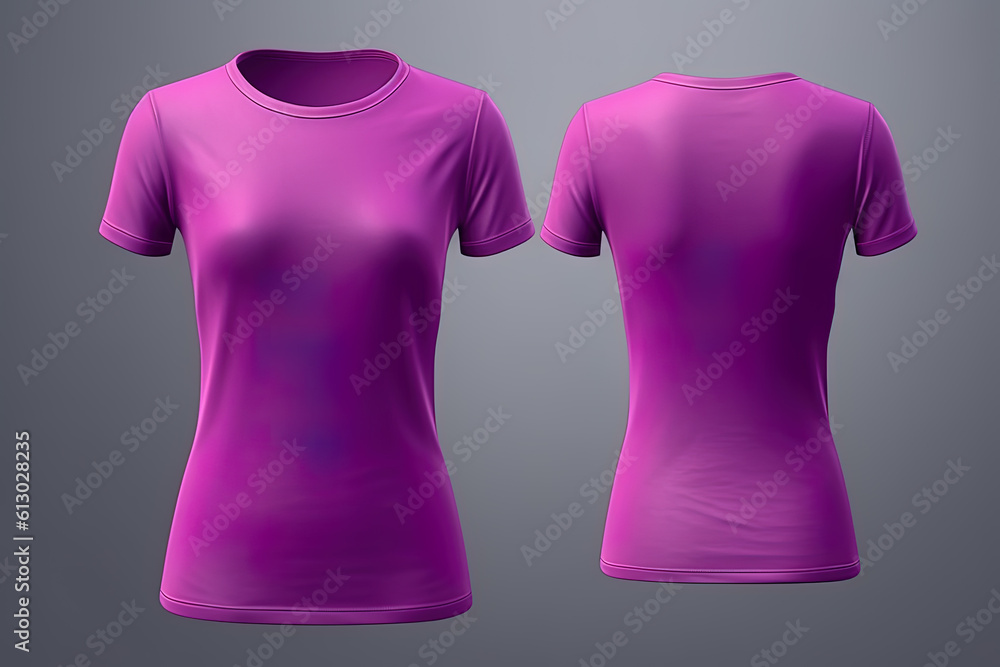Purple female t-shirt realistic mockup set from front and back view, blank textile print design template for fashion apparel. Created with Generative AI Technology