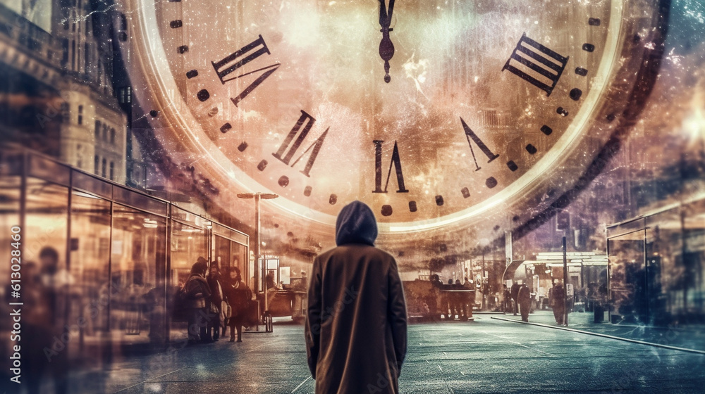Fototapeta premium Generative AI, double exposure techniques to capture the concept of time travel.
