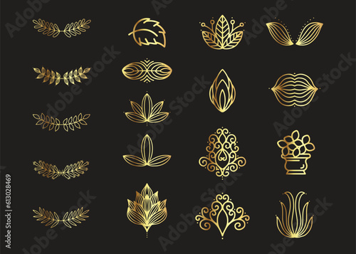 Flowers and leaves vector element  luxury gold color line art bundle vol-2