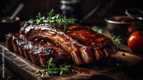 close up brown barbecue ribs with a sprinkling of chopped green vegetables and blur background