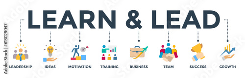 Learn and lead banner web icon vector illustration concept with icon of leadership, ideas, motivation, training, business, team, success, and growth