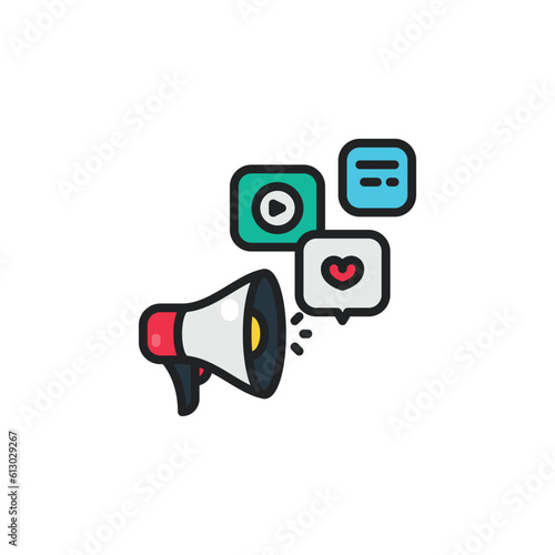 Megaphone with social media, digital marketing filled outline icons. Vector illustration. Isolated icon suitable for web, infographics, interface and apps.