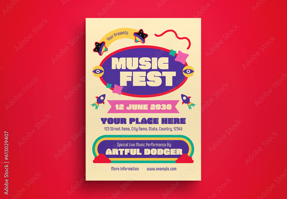 Cream 70s Retro Music Festival Flyer Layout Stock Template | Adobe Stock