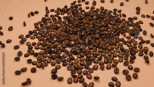Pile of coffee beans on background, top view, 3D render