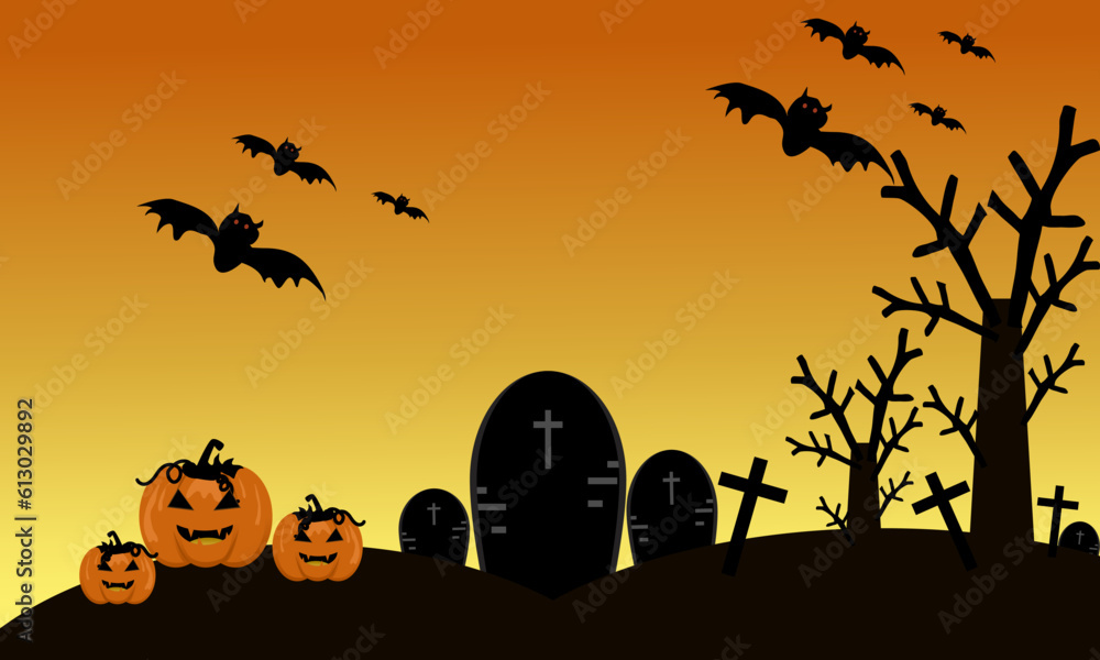 Halloween cemetery night background. Pumpkins. Realistic illustration.