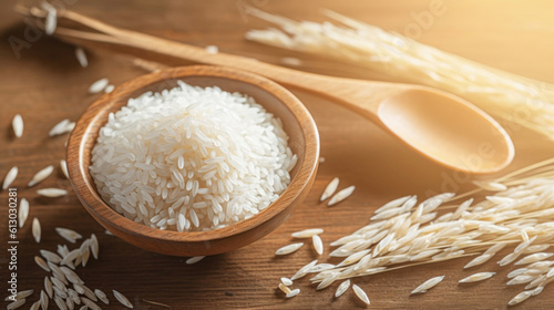 White rice and wheat on a wooden table with wooden spoon 