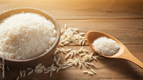 White rice and wheat on a wooden table with wooden spoon 