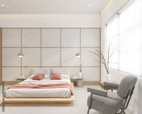 Modern japan style bedroom decorated with white cloth wall and minimalist bed, hanging lamp and bed side table, armchair and white roller blinds. 3d rendering