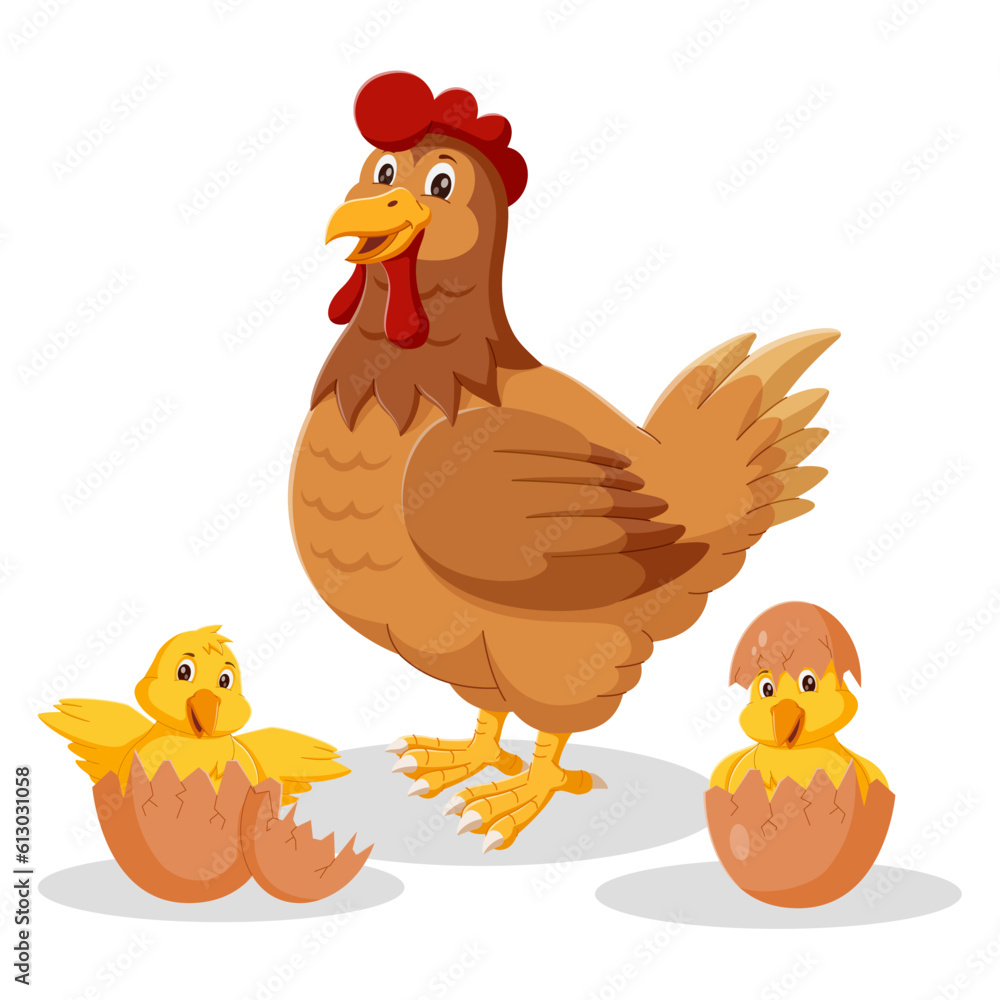 Chicken And Chicks cartoon, Illustration of mother hen and chicks