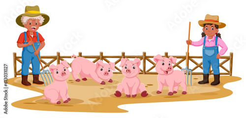 Cartoon of happy farmers and pigs on the farm