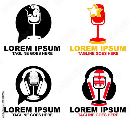 podcast  microphone  logo  headphone  star  interview  audio  communication  speech  mic  icon  design  entertainment  live  media  music  radio  record  retro  sing  Podcast logo design Illustration