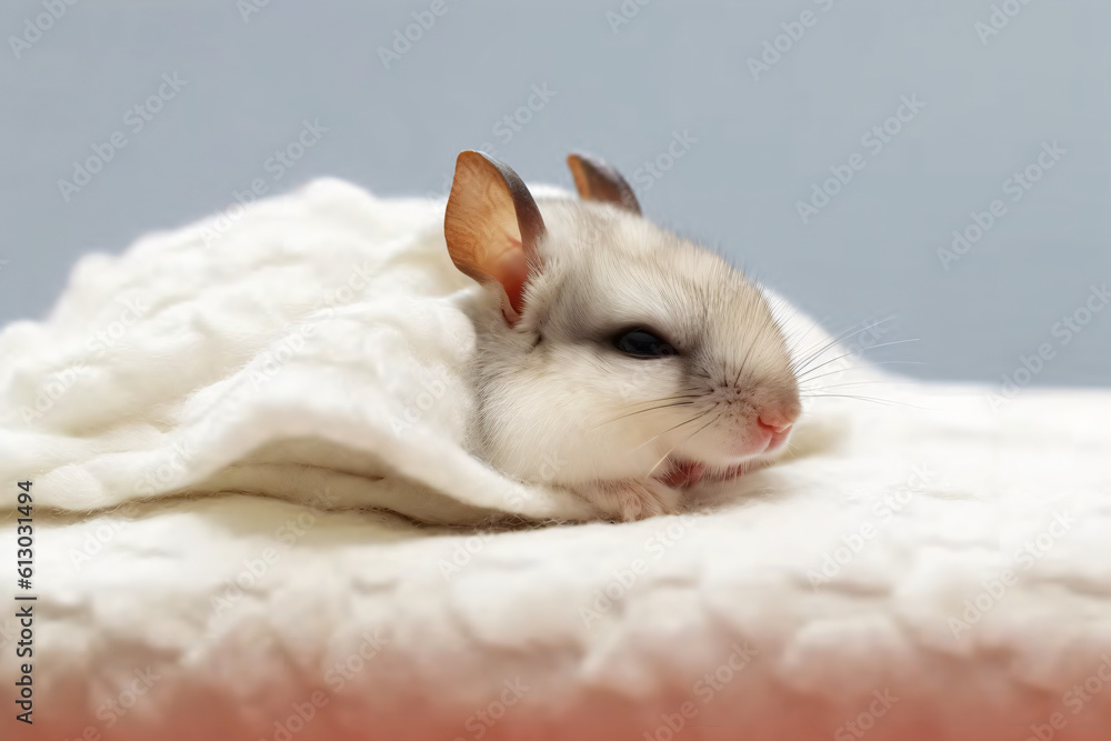 score Rabbit sleeps on a white blanket realistic photogra. Generative AI