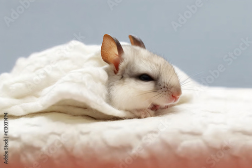 score Rabbit sleeps on a white blanket realistic photogra. Generative AI