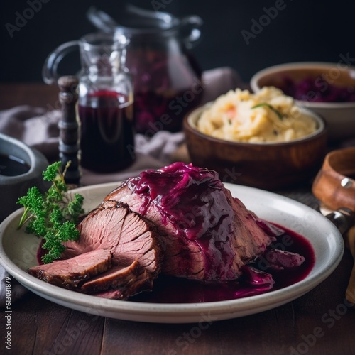 Hearty German Sauerbraten with Red Cabbage and Potato Dumplings Generative AI photo