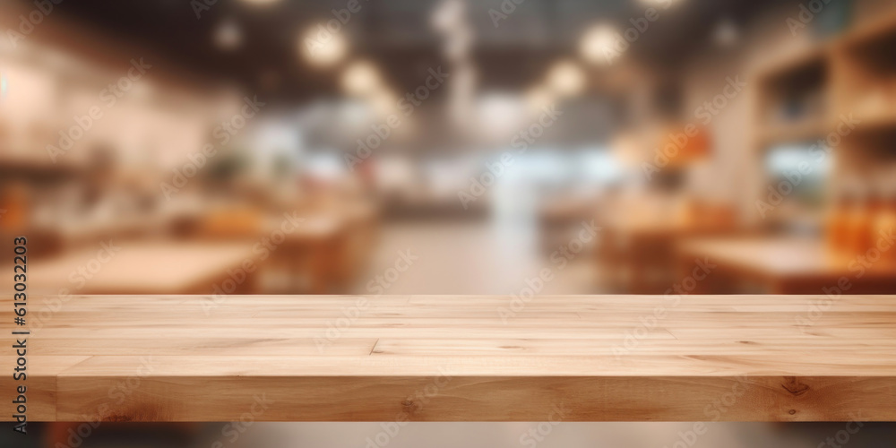 Wooden board empty table top and blur interior shop Wooden board empty table top and blur interior shop