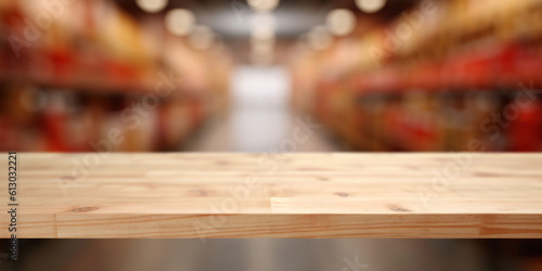 Wooden board empty table top and blur interior shop