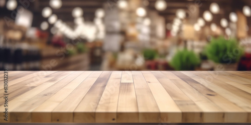 Wooden board empty table top and blur interior shop