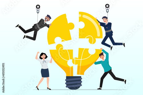 Businessmen and businesswomen team up to solve light bulb jigsaw, team building, team collaboration for business idea, teamwork to solve problem, strategy plan to work together for success (Vector)