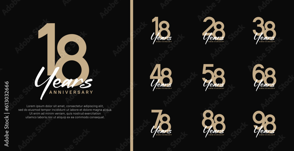 set of anniversary logo flat brown color number and white text on black background for celebration