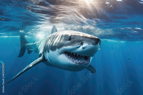 A great white shark swims in the Indian Ocean