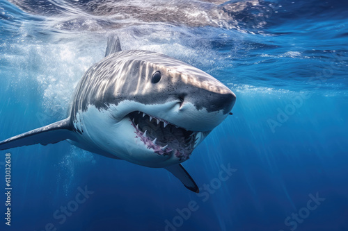 A great white shark swims in the Indian Ocean