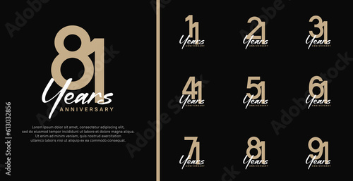 set of anniversary logo flat brown color number and white text on black background for celebration