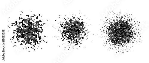Set of debris and shatters in radial shape. Black and grey broken smashed pieces, specks, speckles and particles. Abstract explosion and burst textured elements collection. Vector illustration 