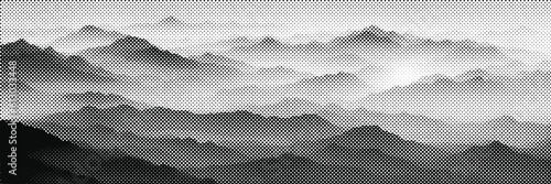 Vector halftone dots background, fading dot effect. Imitation of a mountain landscape, banner, shades of gray.	
