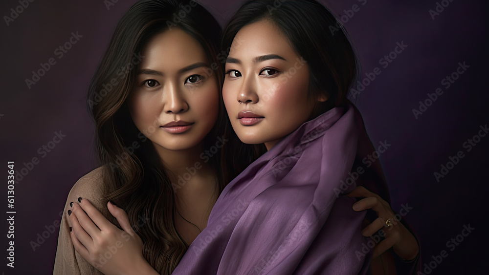 two women are standing together and one is holding a scarf over her head two women are standing together and one is holding a scarf over her head