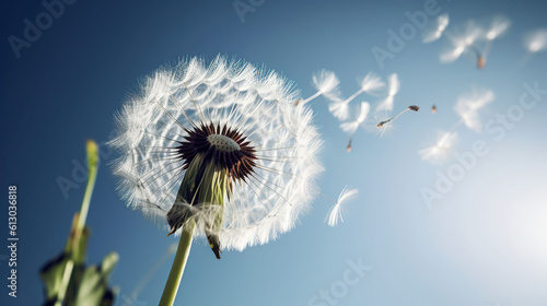 Fotografie, Obraz Dandelion with seeds blowing away in the wind across a clear blue sky, generativ