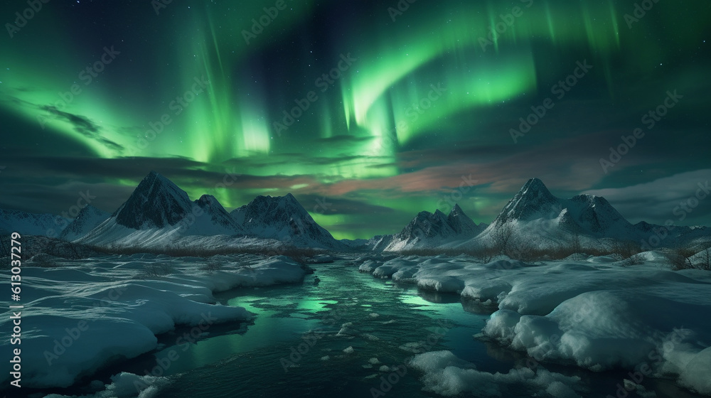 Illustration of an arctic environment with northern lights. Generative AI. 