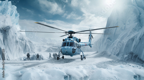 Illustration of a rescue helicopter on an alpine glacier. Generative AI. 