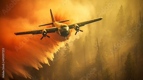 Illustration of a water bomber fighting a forest fire that is out of control. Generative AI. 
