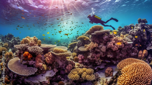 Illustration of a scuba diver on a colorful tropic reef. Generative AI. 