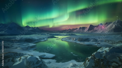 Illustration of an arctic environment with northern lights. Generative AI. 