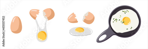 Cooking scrambled eggs for breakfast. Cooking process. Traditional healthy protein food ingredient. Vector food ingredient isolated on white background. Flat design for menu, cafe,cooking class