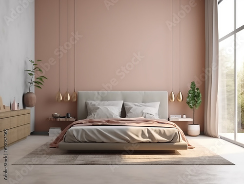 A minimalist living room with a neutral bed  in the style of soft  atmospheric lighting  matte background Generative AI