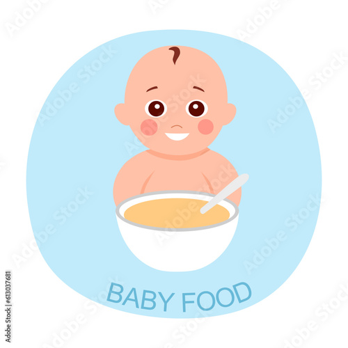 Baby eating baby food in flat design.