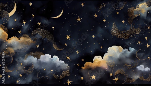 Fototapeta Seamless pattern of the night sky with gold foil constellations stars and clouds watercolor. Generate Ai.