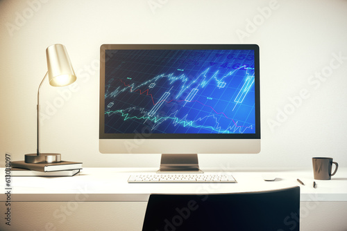 Abstract creative financial graph on modern laptop screen, forex and investment concept. 3D Rendering