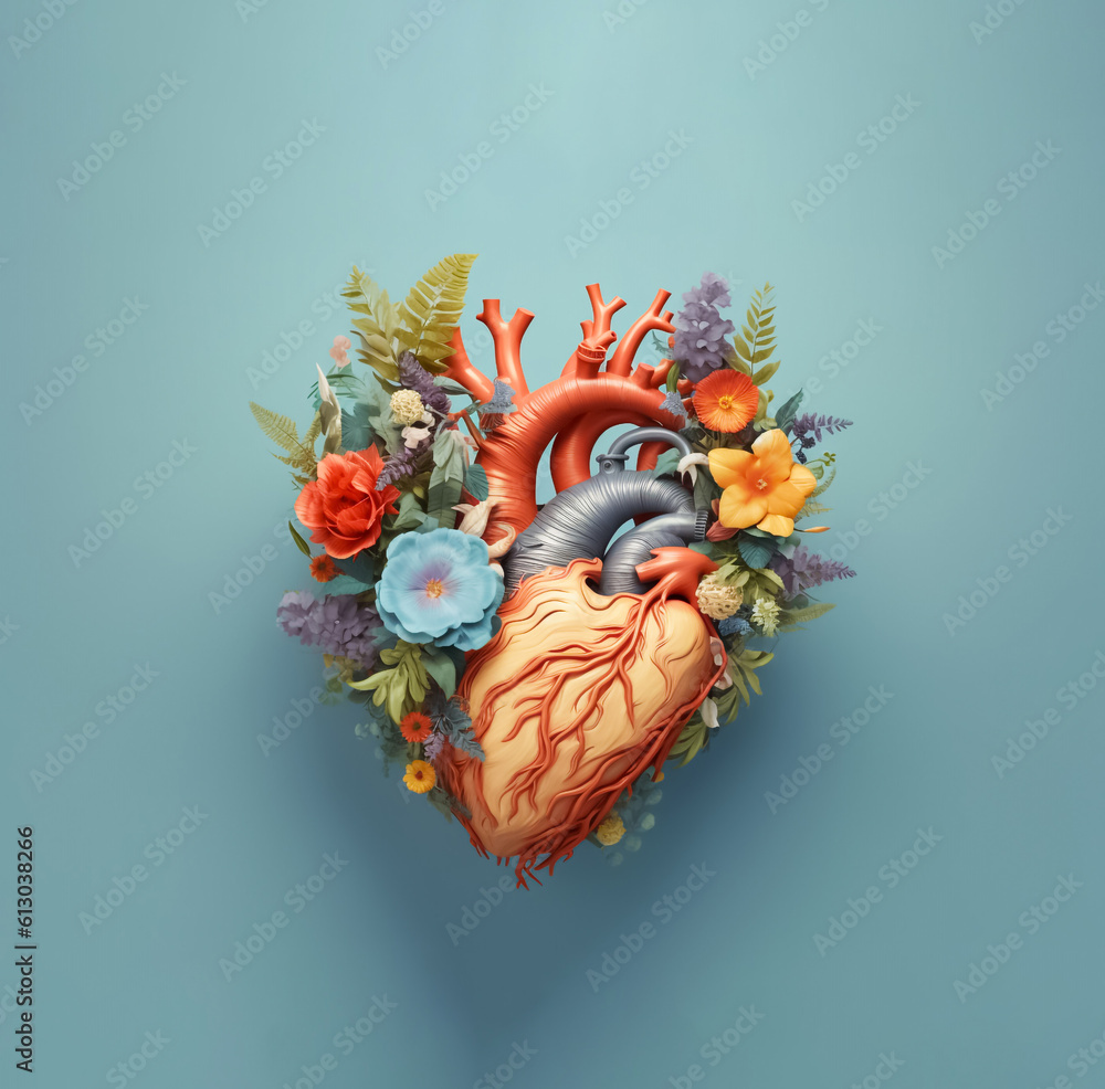 3D heart mock-up beautifully adorned with pastel-colored flowers and delicate leaves, creating an enchanting and romantic ambiance. generative AI.