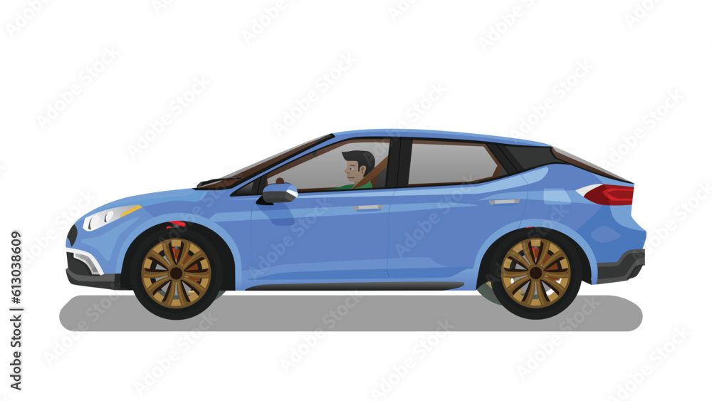 Concept vector illustration of detailed side of a flat blue car. with shadow of car. Can view interior of car with driver. Isolated white background.