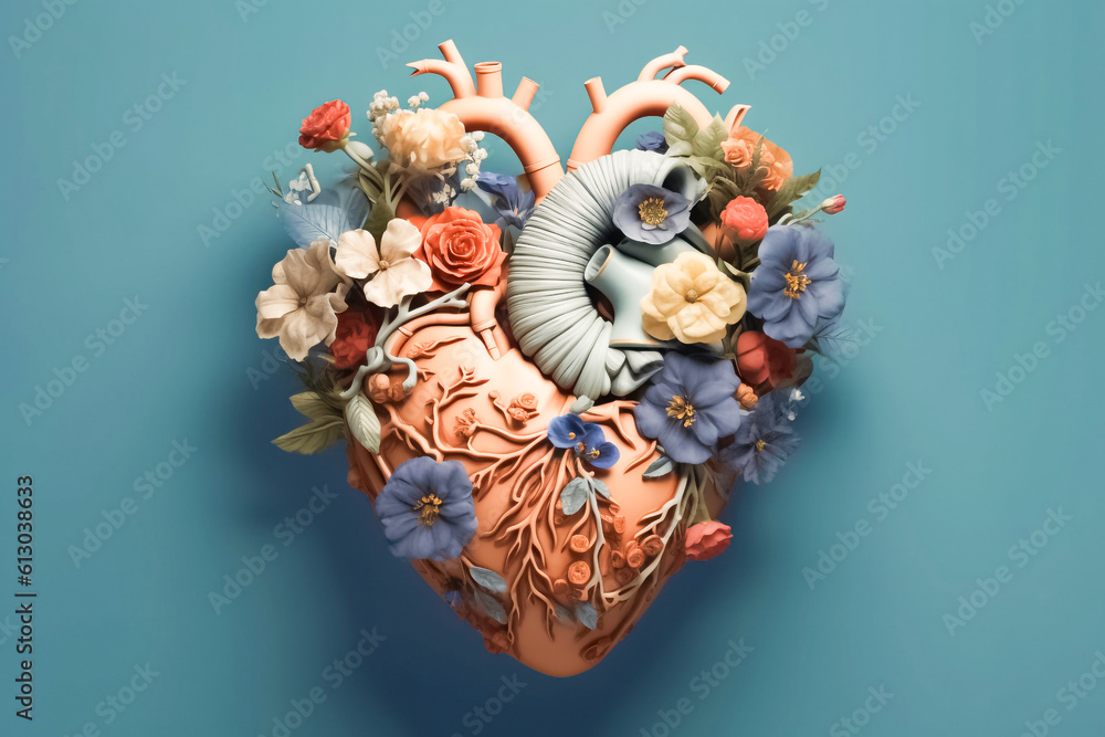 Naklejka premium A delightful pastel-themed 3D heart mock-up, skillfully decorated with a combination of flowers and leaves, evoking a sense of tenderness and joy. generative AI.