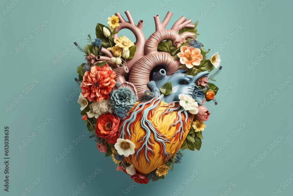 A delightful pastel-themed 3D heart mock-up, skillfully decorated with a combination of flowers and leaves, evoking a sense of tenderness and joy. generative AI.