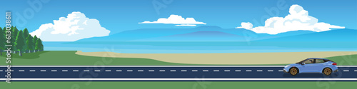 Cartoon transport travel for banner. Sport car with driving for travel.  Asphalt road near the green grass and trees. Travel on sea beach with island under blue sky and white clouds for background.
