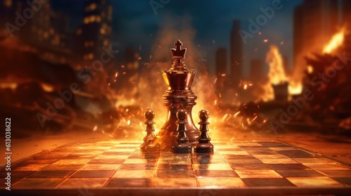 Silver knight chess figures on a chess board with a fire background. Generative AI