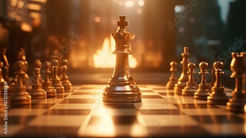 Silver knight chess figures on a chess board with a fire background. Generative AI