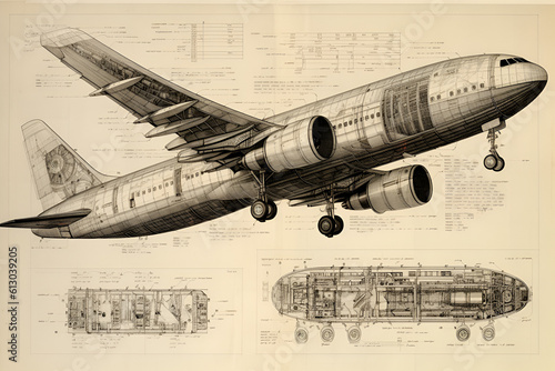 Illustration of the structure of a commercial airplane. Generative AI.