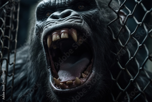 Aggressive screaming gorilla behind bars of cage, big open mouth with fangs angry monkey behind iron mesh. Animal in prison and imprisonment, Generative AI illustration