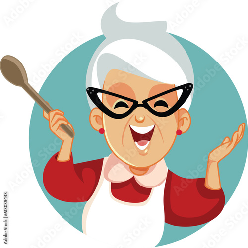 Cheerful Senior Chef Holding a Wooden Spoon Vector Mascot. Funny elderly woman preparing dessert in homemade traditional style
